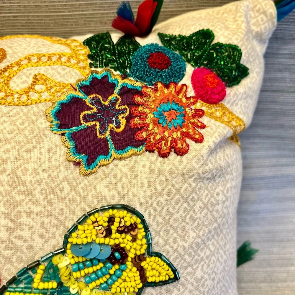 Arhaus Throw Pillow Beaded & Embroidered Bird Flowers GORGEOUS 16x16”